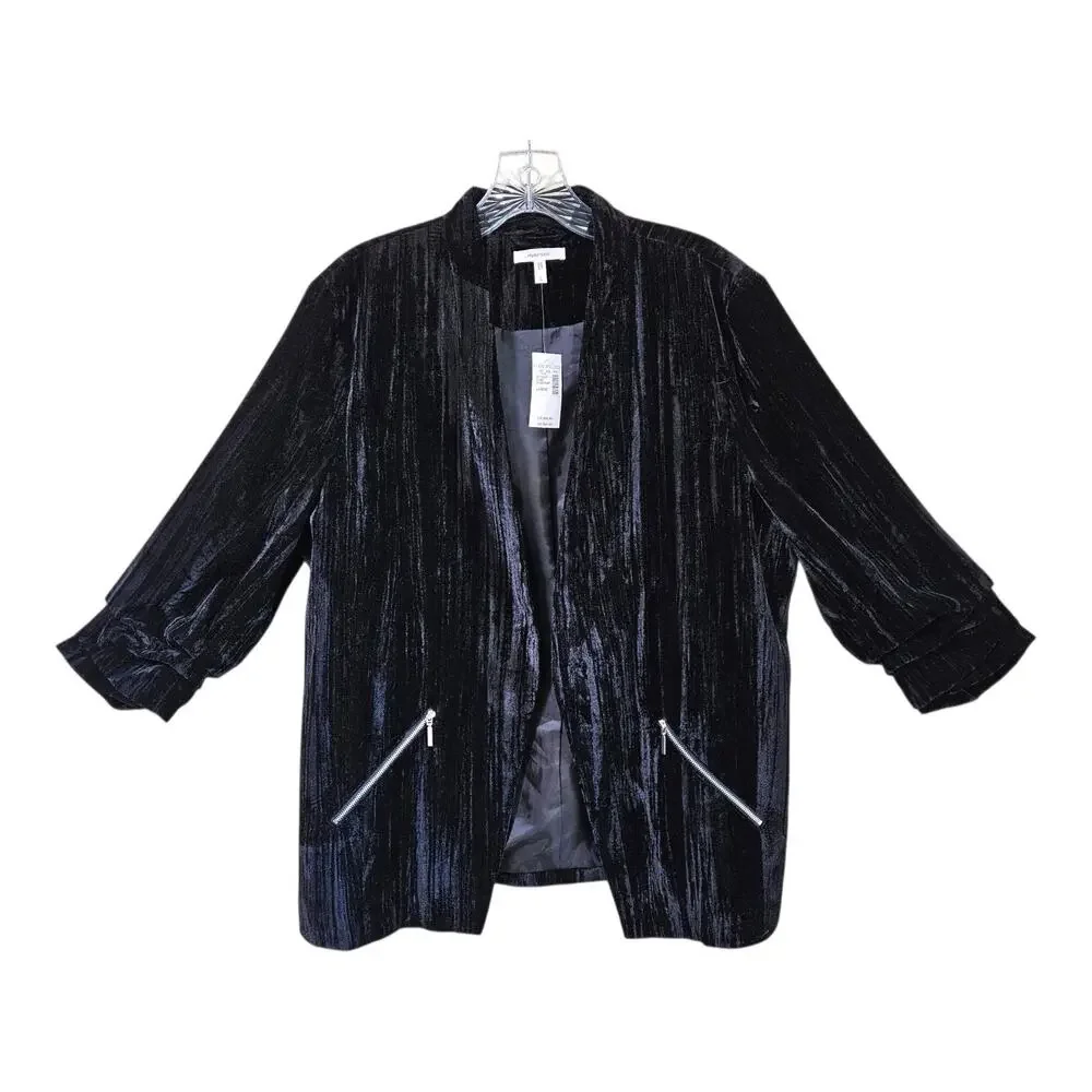 MAURICES Size L Jacket Black Crushed Velvet Open 3/4 Sleeve Lined Whimsigoth 42